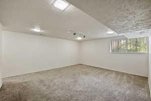 Spare room featuring carpet floors, a textured ceiling, and track lighting