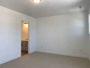 Unfurnished bedroom with ensuite bathroom, a textured ceiling, light carpet, and sink