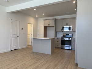 Kitchen with gray cabinetry, appliances with stainless steel finishes, a center island, and light hardwood / wood-style flooring