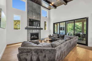 Living room with plenty of natural light, light hardwood / wood-style flooring, a fireplace, and wooden ceiling