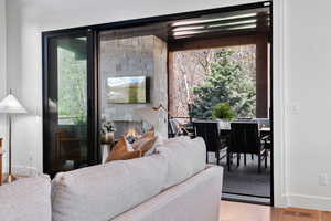Living room with wood finished floors and baseboards