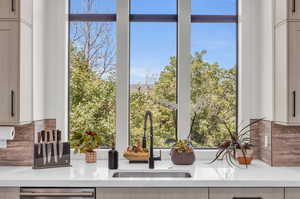 Room details featuring sink, tasteful backsplash, and dishwasher