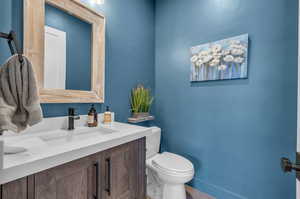 Bathroom featuring toilet and large vanity