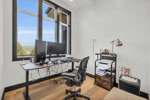 Office with light wood-type flooring