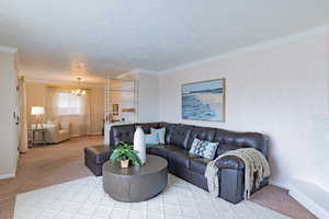 Living room featuring carpet flooring, an inviting chandelier, a textured ceiling, and ornamental molding