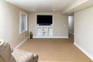 Carpeted living room featuring a textured ceiling