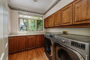 Washroom featuring separate washer and dryer, light wood-type flooring, and cabinets. Utility sink with lots of counter space.