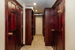 Hall featuring light carpet and a textured ceiling