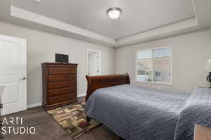 Carpeted bedroom featuring a tray ceiling