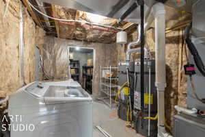 Clothes washing area with secured water heater, separate washer and dryer, and gas water heater