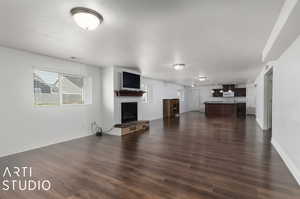 living room featuring dark flooring