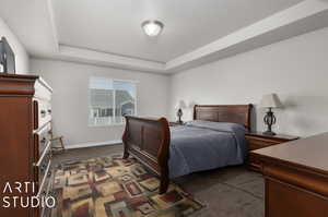 Carpeted bedroom with a tray ceiling