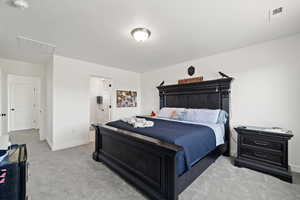 Carpeted bedroom featuring connected bathroom