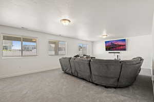 Living room with a textured ceiling and carpet floors