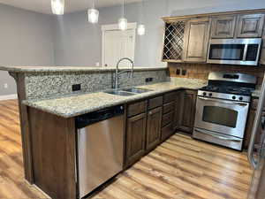 Kitchen featuring light wood-type flooring, tasteful backsplash, stainless steel appliances, kitchen peninsula, and sink