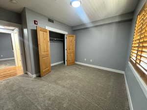 Unfurnished bedroom featuring carpet flooring and a closet