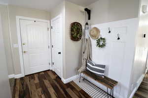 Mudroom with dark wood-type flooring