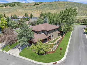 View from above of property featuring a mountainous background