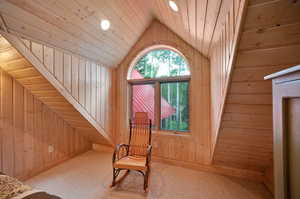 Unfurnished room with carpet flooring, wooden ceiling, and wooden walls