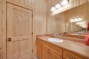 Bathroom with wood walls and vanity