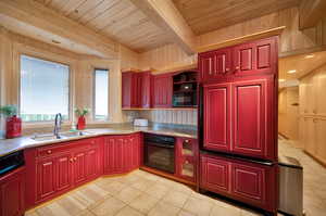 Kitchen featuring black appliances, beam ceiling, sink, wood ceiling, and light tile floors