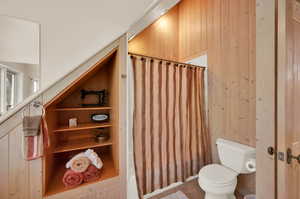 Bathroom with wood walls and toilet