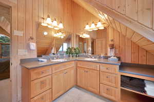 Bathroom featuring lofted ceiling, vanity, and wood walls