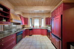 Kitchen with black appliances, wood ceiling, beamed ceiling, sink, and premium range hood