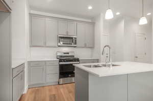 Kitchen featuring light hardwood / wood-style floors, hanging light fixtures, gray cabinetry, stainless steel appliances, and sink