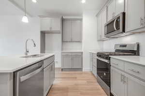 Kitchen featuring decorative light fixtures, light wood-type flooring, gray cabinets, appliances with stainless steel finishes, and sink