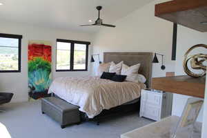 Main Bedroom, carpeted featuring ceiling fan and vaulted ceiling