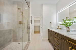 Primary bathroom with double sink vanity, spacious shower and soaker tub