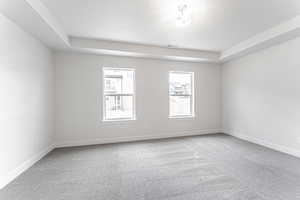 Unfurnished room featuring a textured ceiling, a tray ceiling, and carpet flooring