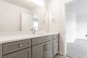 Bathroom featuring vanity and wood-type flooring