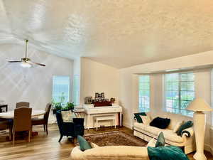 Living room featuring a textured ceiling, ceiling fan, hardwood / wood-style flooring, and lofted ceiling