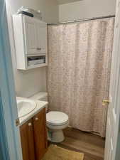 Bathroom featuring hardwood / wood-style floors, vanity, and toilet