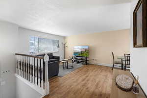 Living room with a textured ceiling and wood-type flooring