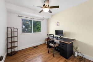 Office area featuring ceiling fan and hardwood / wood-style flooring