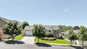 View of property hidden behind natural elements featuring a front yard