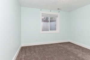 Carpeted spare room featuring a textured ceiling