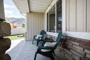 View of patio / terrace featuring a mountain view