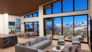 Living room featuring light wood finished floors, wood ceiling, high vaulted ceiling, an inviting chandelier, and a mountain view