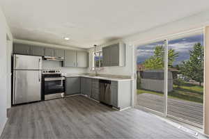 Kitchen featuring decorative light fixtures, gray cabinetry, wood-type flooring, appliances with stainless steel finishes, and sink