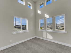 Spare room with carpet floors, a high ceiling, and baseboards