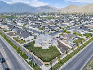 Aerial view featuring a mountain view and a residential view