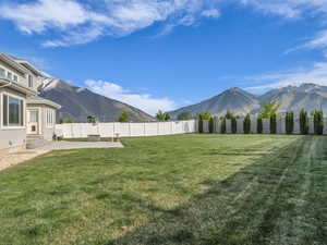 View of yard featuring a patio, a fenced backyard, a mountain view, and entry steps