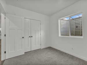 Unfurnished bedroom featuring baseboards, carpet floors, and a closet