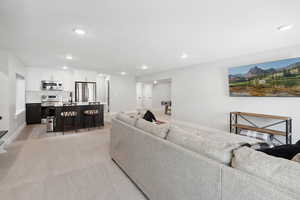 Living room with sink and light colored carpet