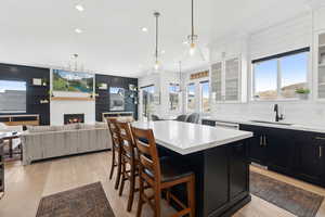 Kitchen featuring a center island, light hardwood / wood-style floors, white cabinets, and a breakfast bar area