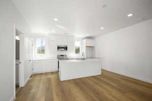 Kitchen with white cabinetry, a wealth of natural light, sink, dishwasher, microwave stove.